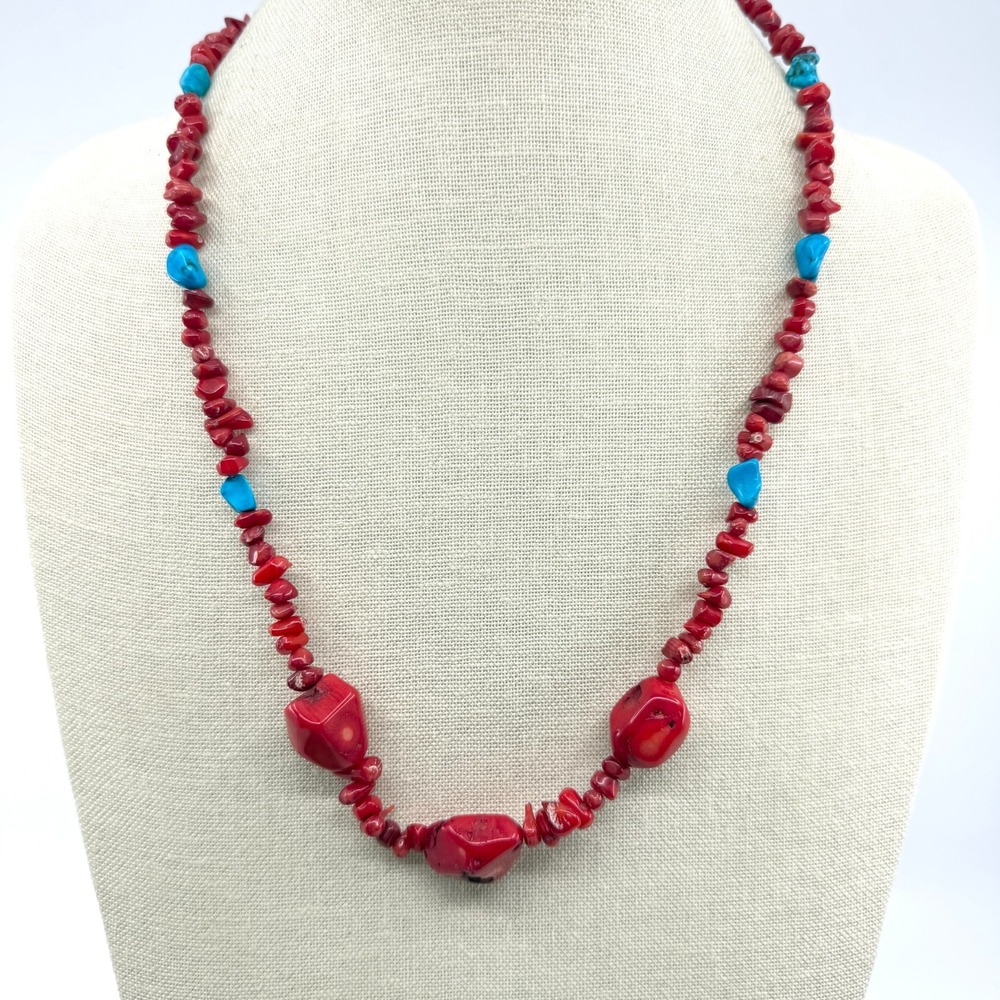 Red Chip Bead Statement Necklace with Turquoise Accents - Boho Style